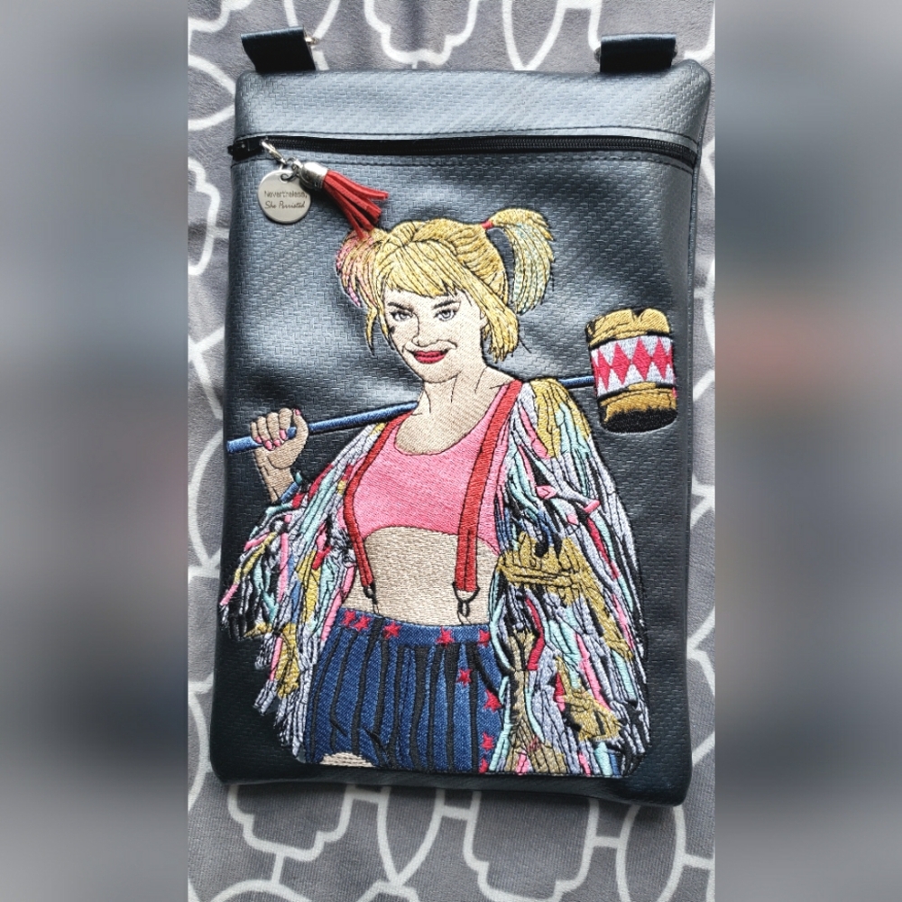Exclusive Harley Quinn Embroidery Purse – Vibrant Artistry w/ Bold Red Strap